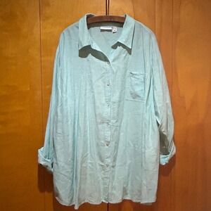 Susan Graver Shirt Womens 3X Linen Rayon Blue Green Beachy Coastal Lagenlook